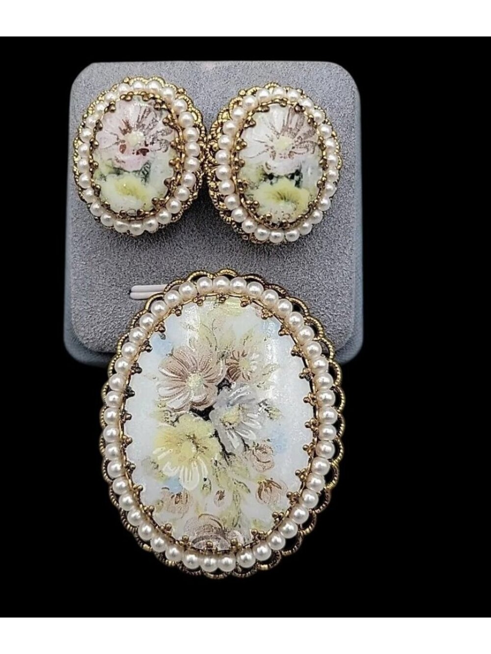 Vintage W. Germany Hand Painted Floral & Faux Pearl Brooch & Clip-on Earrings